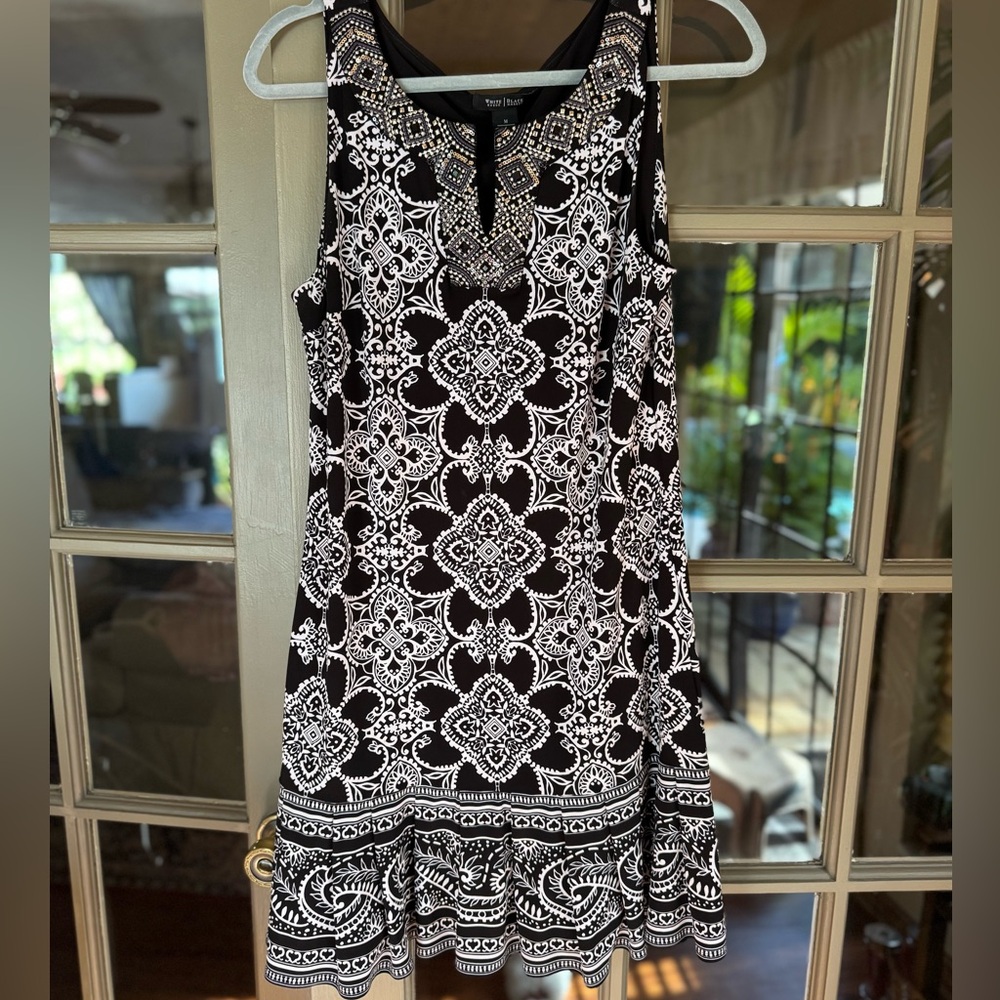 White House Black Market Black and White Ornate Mini Dress